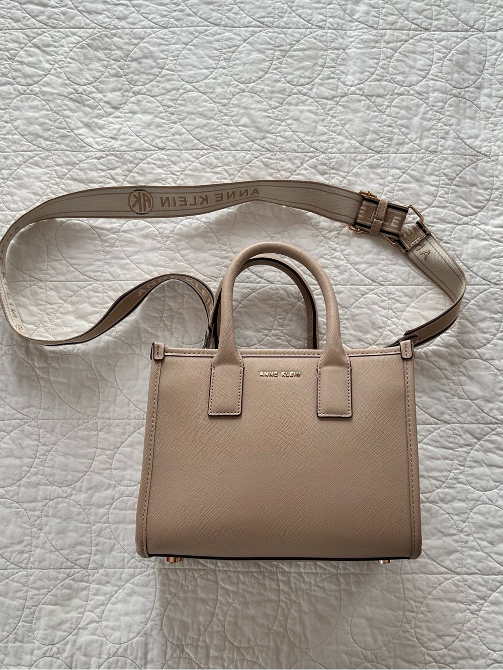 Anne Klein Textured Mini Satchel Bag in Sesame w/Crossbody Strap, Minimalist
